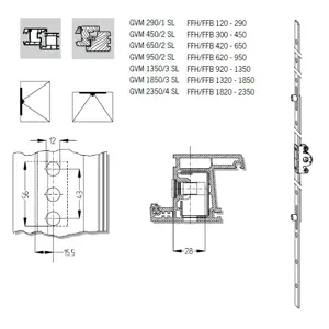 GVM 2350/4 SL převod.lišta Označení kování: GVM 2350/4 SL, FFH/FFB 1820-2350