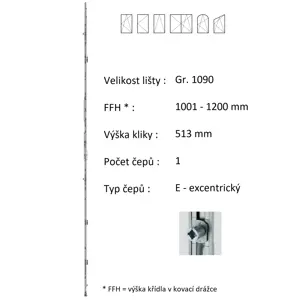 Lišta převodu ROTO NX - konstantní Typ / Výška křídla / Počet čepů: Gr. 1090 / 1001-1200 / 1, Typ čepu: E - excentrický