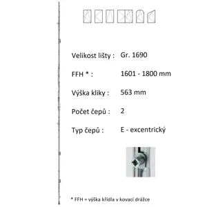 Lišta převodu ROTO NX - konstantní Typ / Výška křídla / Počet čepů: Gr. 1690 / 1601-1800 / 2, Typ čepu: E - excentrický