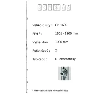 Lišta převodu ROTO NX - konstantní Typ / Výška křídla / Počet čepů: Gr. 1690 / 1601-1800 / 2*, Typ čepu: E - excentrický