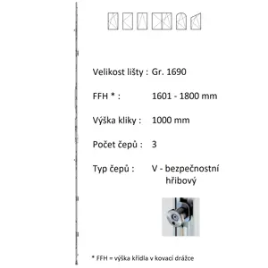 Lišta převodu ROTO NX - konstantní Typ / Výška křídla / Počet čepů: Gr.1690 / 1601-1800 / 3, Typ čepu: V - hřibový bezpečnostní