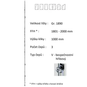 Lišta převodu ROTO NX - konstantní Typ / Výška křídla / Počet čepů: Gr.1890 / 1801-2000 / 3, Typ čepu: V - hřibový bezpečnostní