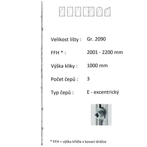 Lišta převodu ROTO NX - konstantní Typ / Výška křídla / Počet čepů: Gr. 2090 / 2001-2200 / 3, Typ čepu: E - excentrický