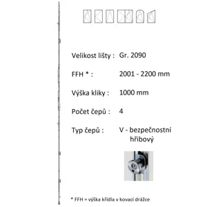 Lišta převodu ROTO NX - konstantní Typ / Výška křídla / Počet čepů: Gr.2090 / 2001-2200 / 4, Typ čepu: V - hřibový bezpečnostní