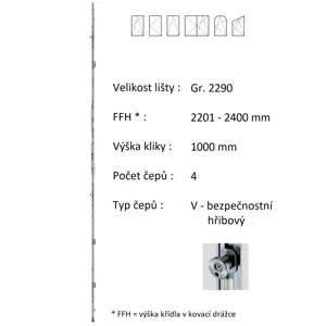 Lišta převodu ROTO NX - konstantní Typ / Výška křídla / Počet čepů: Gr.2290 / 2201-2400 / 4, Typ čepu: V - hřibový bezpečnostní