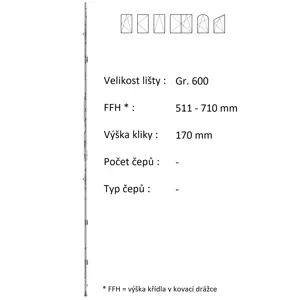 Lišta převodu ROTO NX - konstantní Typ / Výška křídla / Počet čepů: Gr. 600 / 511-710 / 0, Typ čepu: E - excentrický