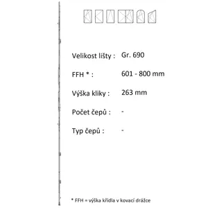 Lišta převodu ROTO NX - konstantní Typ / Výška křídla / Počet čepů: Gr. 690 / 601-800 / 0, Typ čepu: E - excentrický