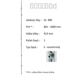 Lišta převodu ROTO NX - konstantní Typ / Výška křídla / Počet čepů: Gr. 890 / 801-1000 / 1, Typ čepu: E - excentrický