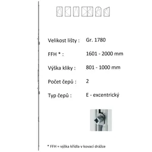 Lišta převodu ROTO NX - variabilní Typ / Výška křídla / Počet čepů: Gr.1780 / 1601-2000 / 2, Typ čepu: E - excentrický