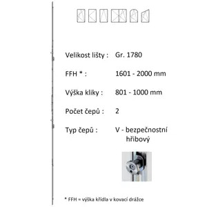 Lišta převodu ROTO NX - variabilní Typ / Výška křídla / Počet čepů: Gr.1780 / 1601-2000 / 2, Typ čepu: V - hřibový bezpečnostní