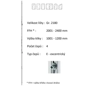 Lišta převodu ROTO NX - variabilní Typ / Výška křídla / Počet čepů: Gr.2180 / 2001-2400 / 4, Typ čepu: E - excentrický