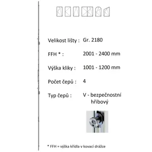 Lišta převodu ROTO NX - variabilní Typ / Výška křídla / Počet čepů: Gr.2180 / 2001-2400 / 4, Typ čepu: V - hřibový bezpečnostní