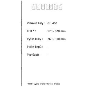 Lišta převodu ROTO NX - variabilní Typ / Výška křídla / Počet čepů: Gr.400 / 520-620 / 0, Typ čepu: E - excentrický