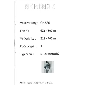 Lišta převodu ROTO NX - variabilní Typ / Výška křídla / Počet čepů: Gr.580 / 621-800 / 1, Typ čepu: E - excentrický