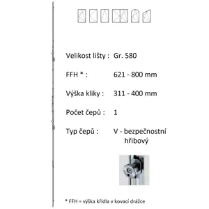 Lišta převodu ROTO NX - variabilní Typ / Výška křídla / Počet čepů: Gr.580 / 621-800 / 1, Typ čepu: V - hřibový bezpečnostní