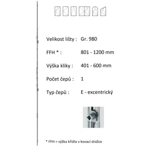 Lišta převodu ROTO NX - variabilní Typ / Výška křídla / Počet čepů: Gr.980 / 801-1200 / 1, Typ čepu: E - excentrický