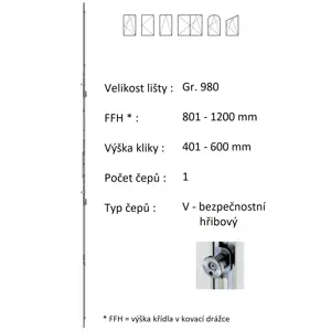 Lišta převodu ROTO NX - variabilní Typ / Výška křídla / Počet čepů: Gr.980 / 801-1200 / 1, Typ čepu: V - hřibový bezpečnostní